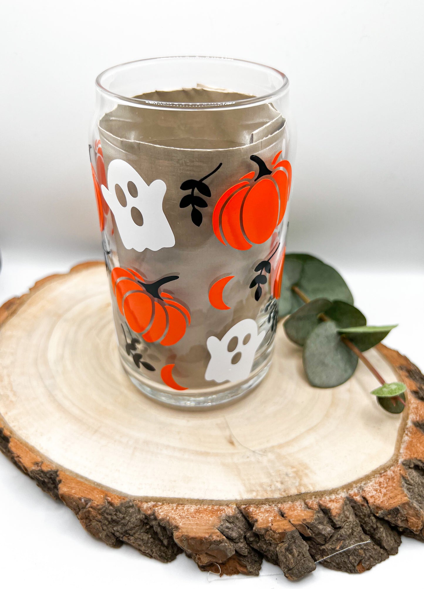 Ghost and Pumpkin Glass Beer Can